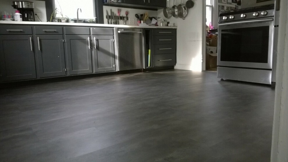 Photo of a kitchen in Boston with vinyl flooring.
