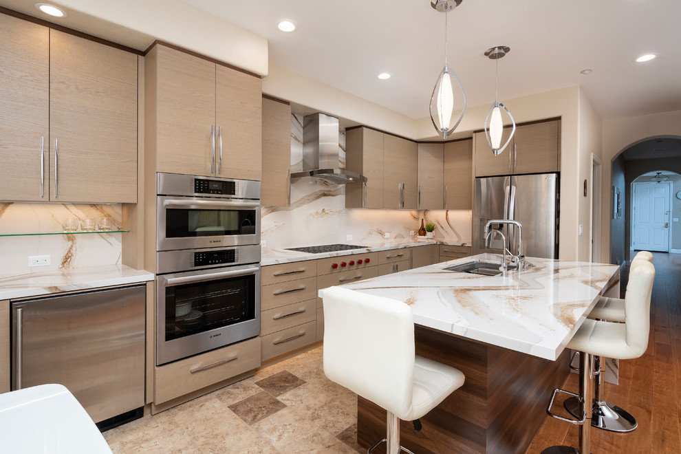 Medium sized contemporary galley kitchen/diner in San Francisco with a submerged sink, flat-panel cabinets, brown cabinets, engineered stone countertops, multi-coloured splashback, stainless steel appliances, porcelain flooring, an island, brown floors and multicoloured worktops.
