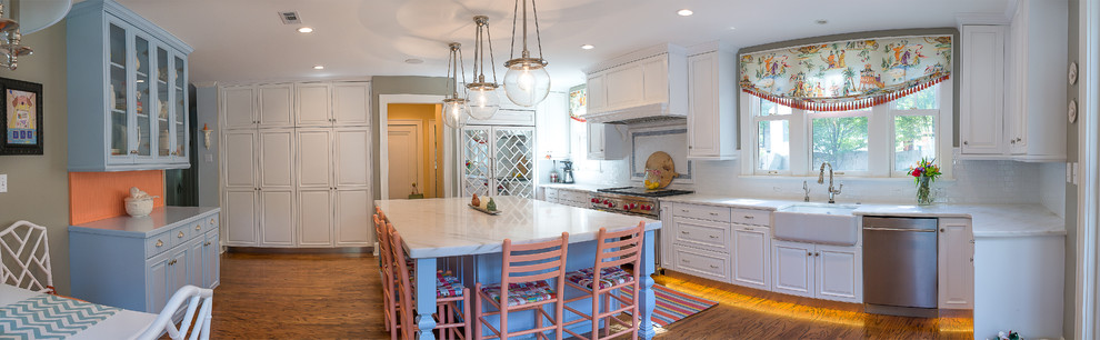 Example of a huge transitional l-shaped eat-in kitchen design in St Louis with shaker cabinets, white cabinets and an island