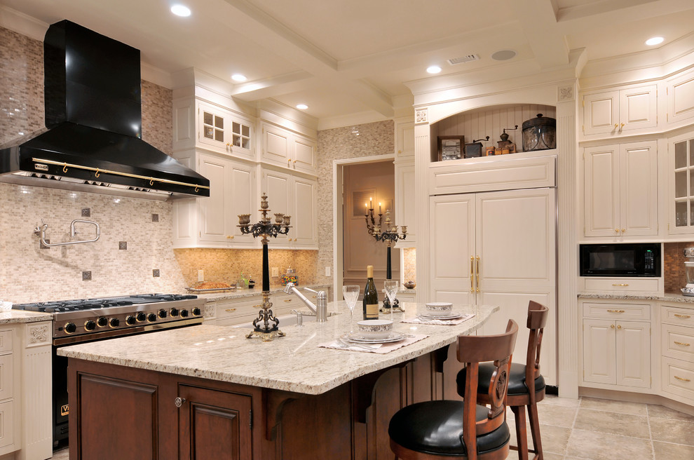Inspiration for a large timeless u-shaped ceramic tile kitchen remodel in New York with glass-front cabinets, white cabinets, multicolored backsplash, black appliances and an island