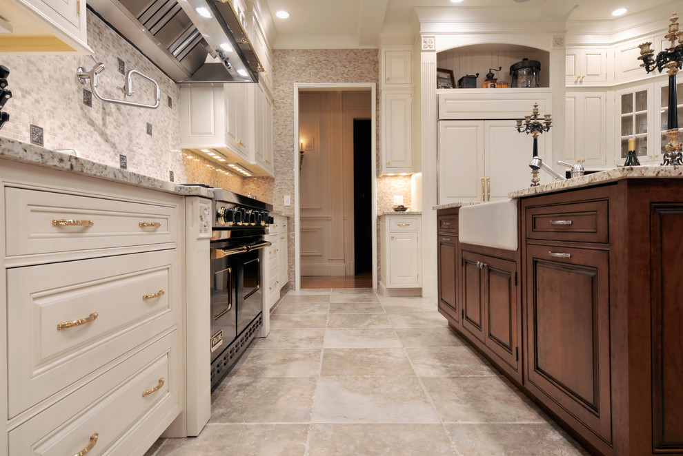 Inspiration for a large timeless u-shaped ceramic tile kitchen remodel in New York with glass-front cabinets, white cabinets, multicolored backsplash, black appliances and an island
