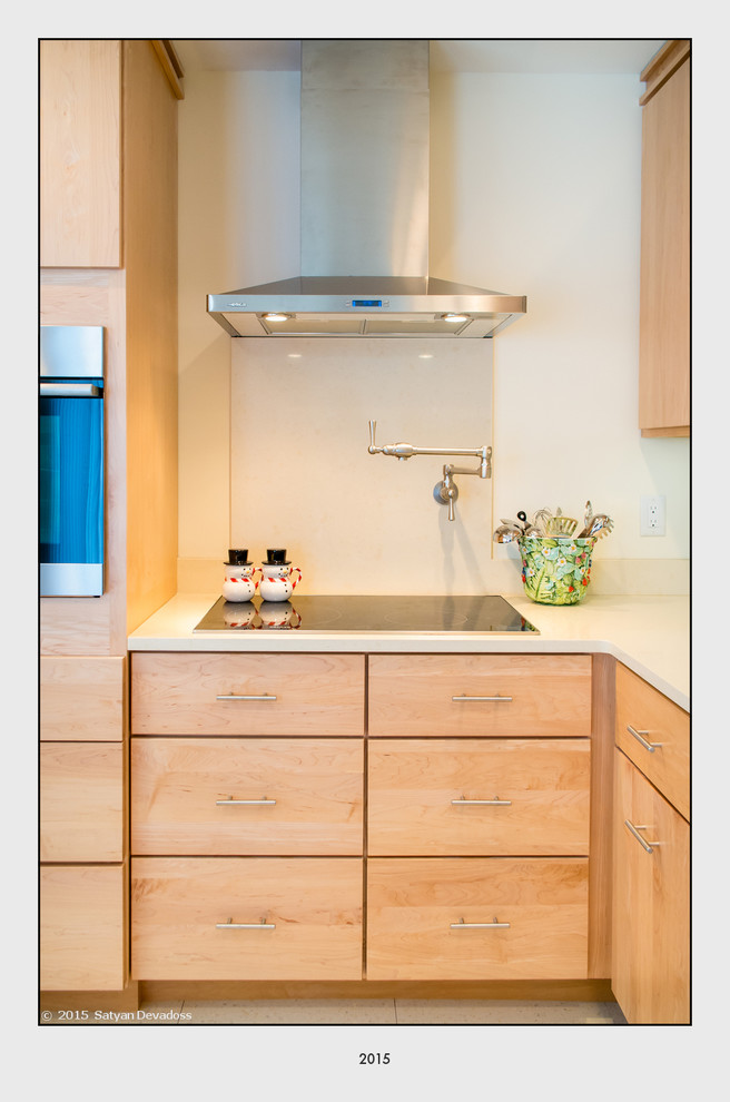 Immagine di una piccola cucina contemporanea con lavello sottopiano, ante lisce, ante in legno chiaro, elettrodomestici in acciaio inossidabile, pavimento in vinile e nessuna isola