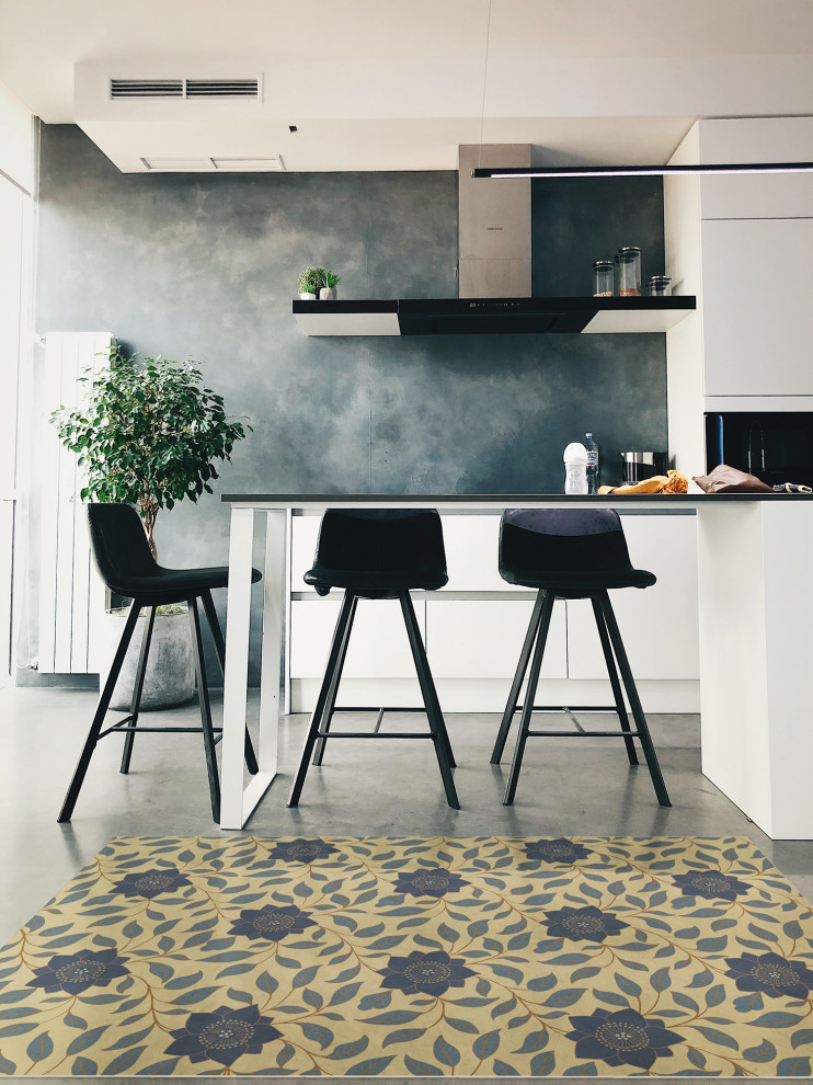 Bild på ett funkis kök, med vinylgolv och blått golv