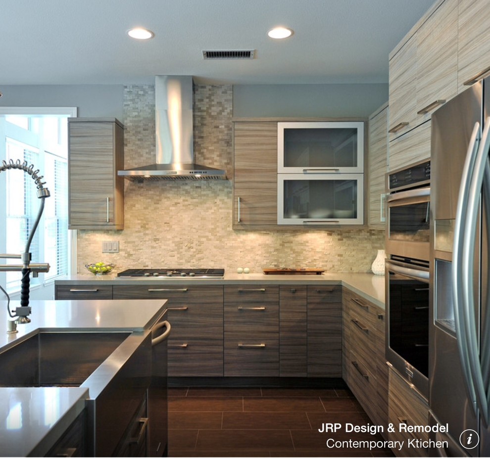 Design ideas for a contemporary kitchen in Seattle with flat-panel cabinets.