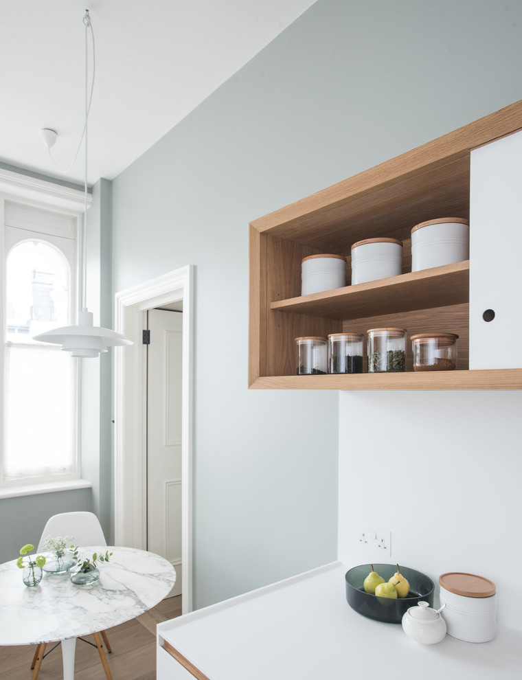 Inspiration for a small contemporary galley enclosed kitchen in London with white cabinets.