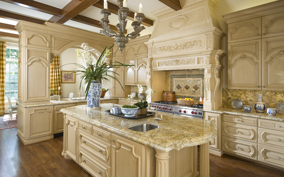 Exempel på ett medelhavsstil kök, med en undermonterad diskho, luckor med upphöjd panel, beige skåp, rostfria vitvaror, mörkt trägolv, en köksö och brunt golv