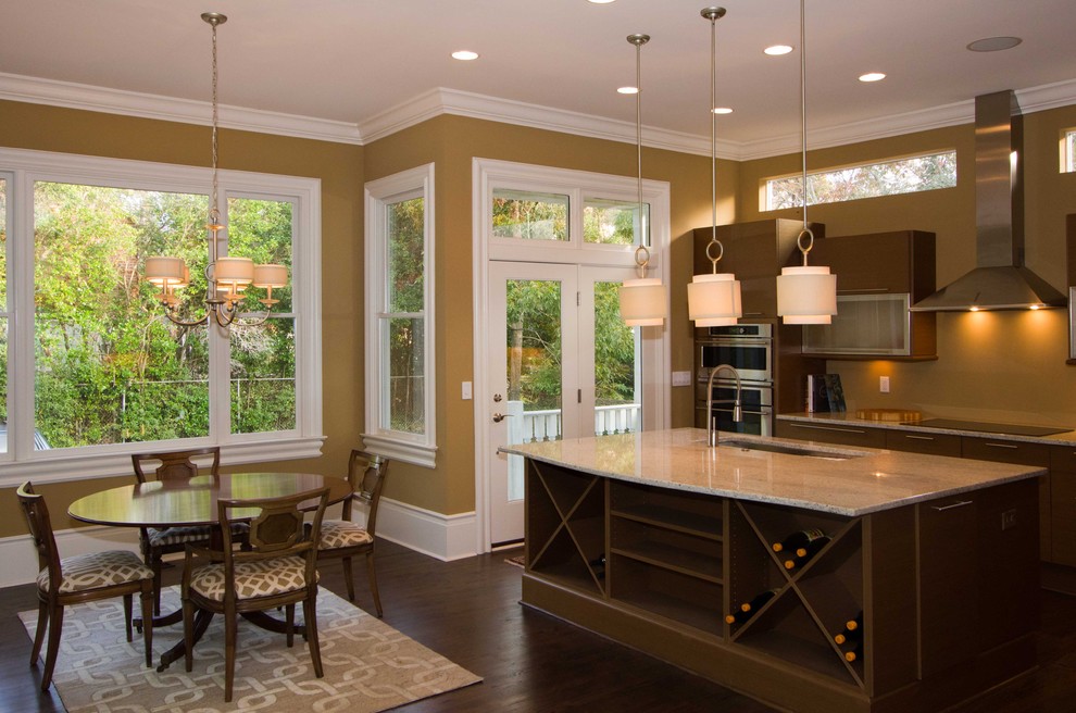 Kitchen - contemporary kitchen idea in Other with flat-panel cabinets, dark wood cabinets and stainless steel appliances