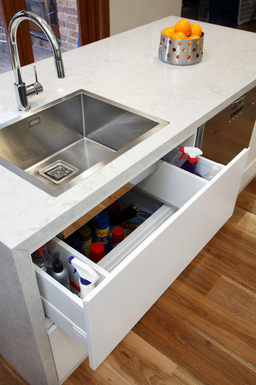 Under sink storage removes clutter around kitchen sink