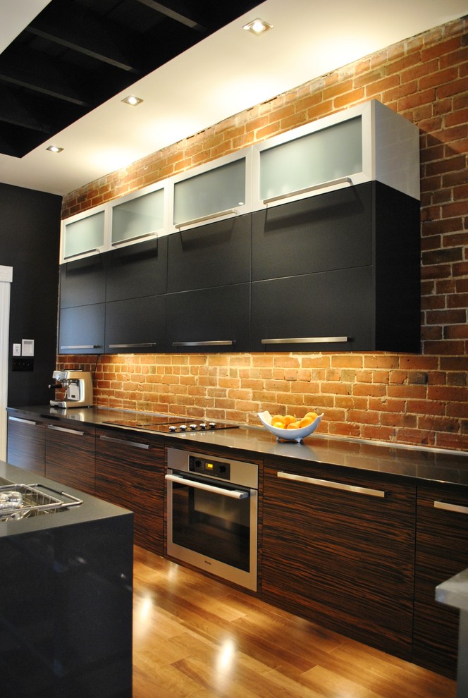 オタワにあるコンテンポラリースタイルのおしゃれなキッチン (シルバーの調理設備、フラットパネル扉のキャビネット、黒いキャビネット) の写真