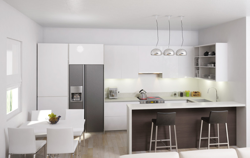 Idéer för ett litet modernt kök, med en undermonterad diskho, släta luckor, vita skåp, granitbänkskiva, vitt stänkskydd, stänkskydd i cementkakel, rostfria vitvaror, ljust trägolv och en halv köksö
