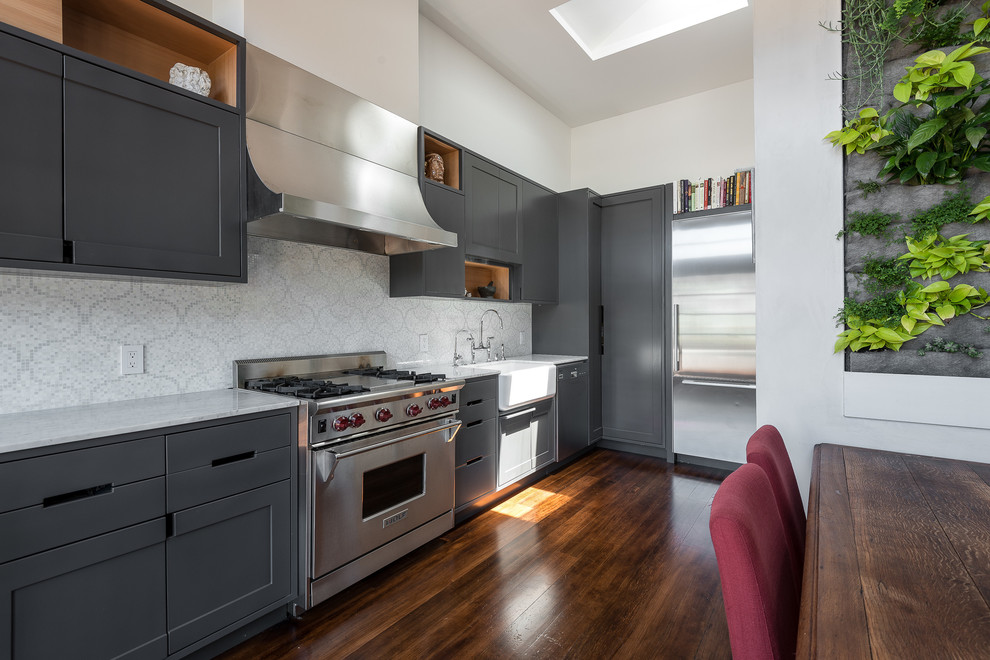 Kitchen - contemporary kitchen idea in San Francisco with stainless steel appliances and a farmhouse sink