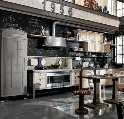 Industrial kitchen in Boston with an island.