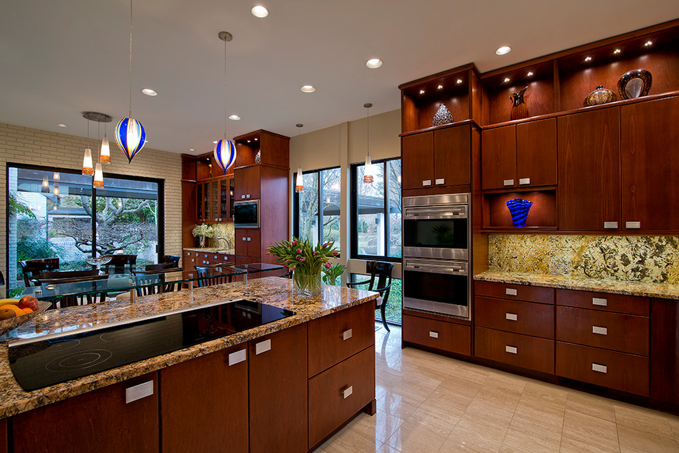 Large contemporary l-shaped open plan kitchen in DC Metro with flat-panel cabinets, dark wood cabinets, marble worktops, multi-coloured splashback, stainless steel appliances, marble flooring and an island.