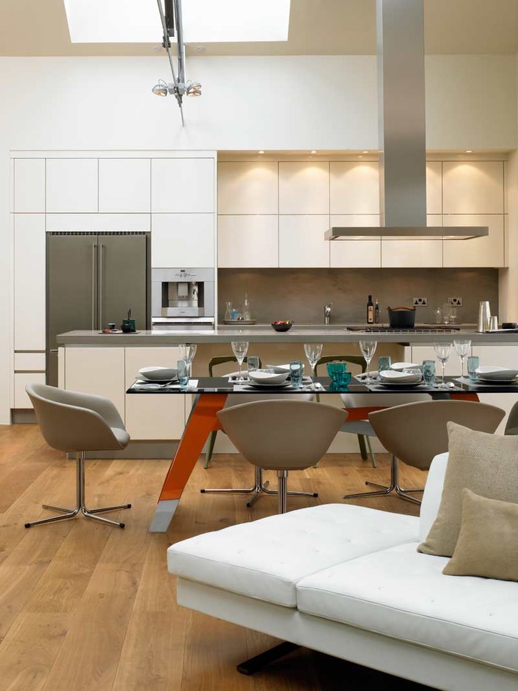 Стильный дизайн: параллельная кухня-гостиная в стиле модернизм с плоскими фасадами, белыми фасадами, серым фартуком и техникой из нержавеющей стали - последний тренд