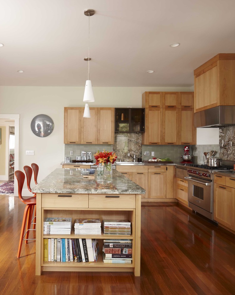 Design ideas for a traditional l-shaped kitchen in San Francisco with stainless steel appliances, granite worktops, shaker cabinets, light wood cabinets and grey splashback.