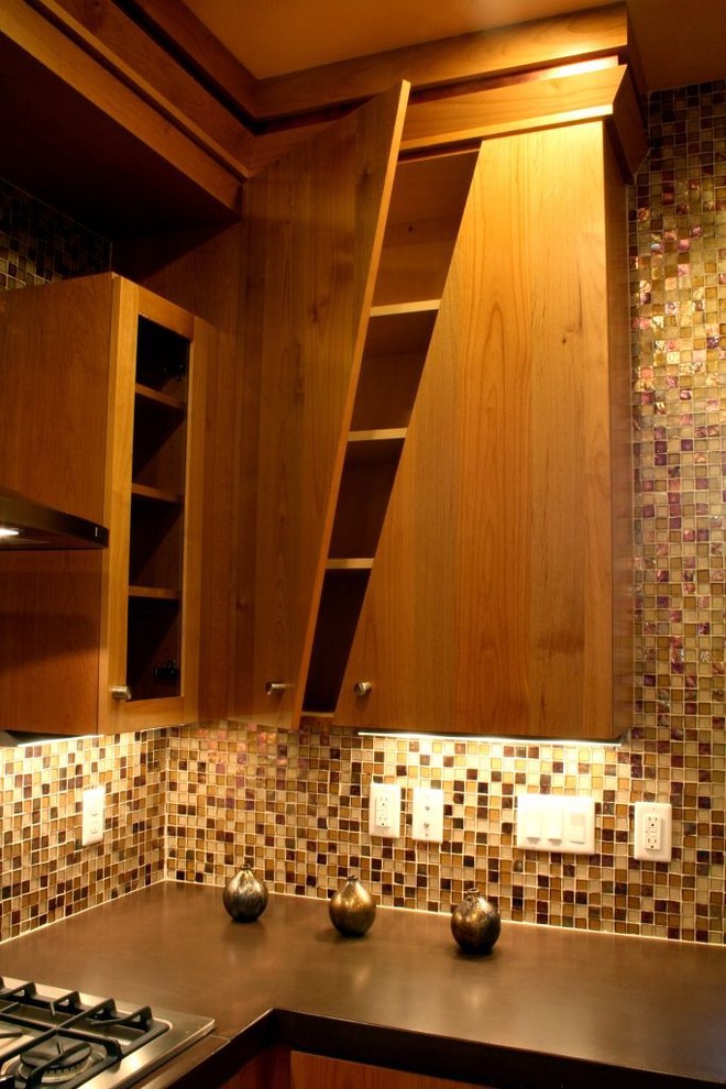 Contemporary kitchen in Denver with mosaic tiled splashback.
