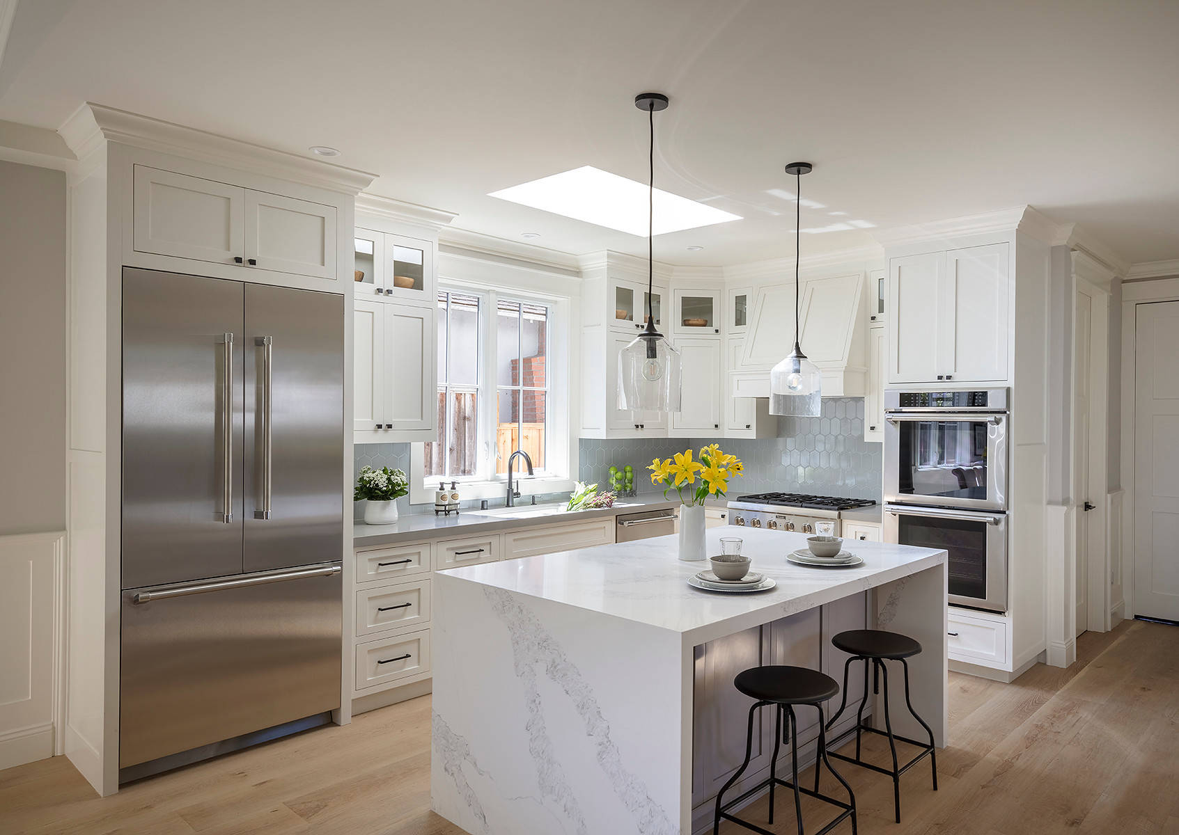 Westlake Contemporary White Kitchen With Aqua Backsplash - UB