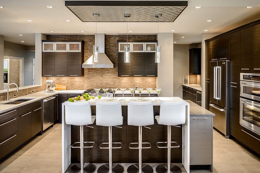 Photo of a large contemporary u-shaped kitchen/diner in Los Angeles with a double-bowl sink, flat-panel cabinets, dark wood cabinets, engineered stone countertops, multi-coloured splashback, matchstick tiled splashback, stainless steel appliances, porcelain flooring, an island, grey floors and white worktops.