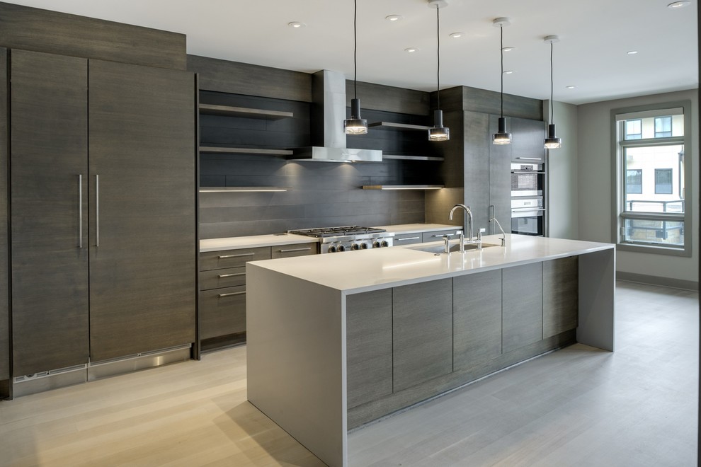 Inspiration for a mid-sized contemporary l-shaped painted wood floor and gray floor open concept kitchen remodel in Minneapolis with an undermount sink, flat-panel cabinets, light wood cabinets, quartz countertops, gray backsplash, wood backsplash, stainless steel appliances and an island