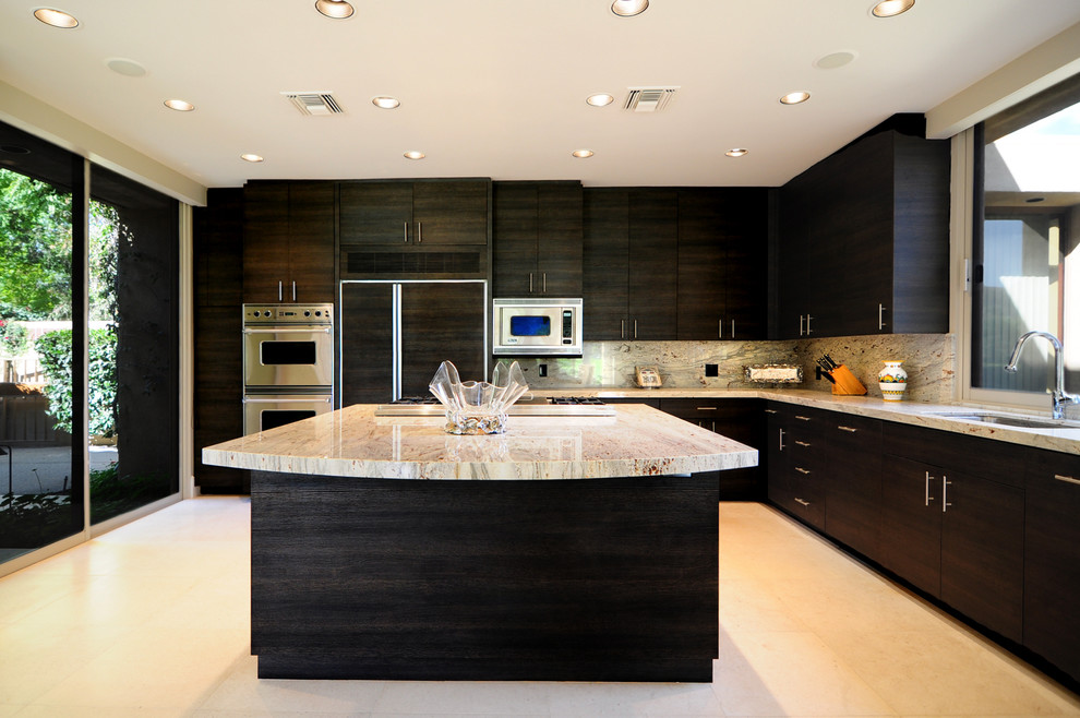 Inspiration for a huge modern l-shaped ceramic tile eat-in kitchen remodel in Other with an undermount sink, flat-panel cabinets, black cabinets, solid surface countertops, multicolored backsplash, stone slab backsplash, stainless steel appliances and an island