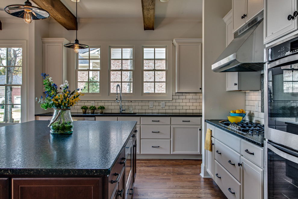 Kitchen Cabinets in Antique White with Oil Rubbed Bronze Pulls - Rustic