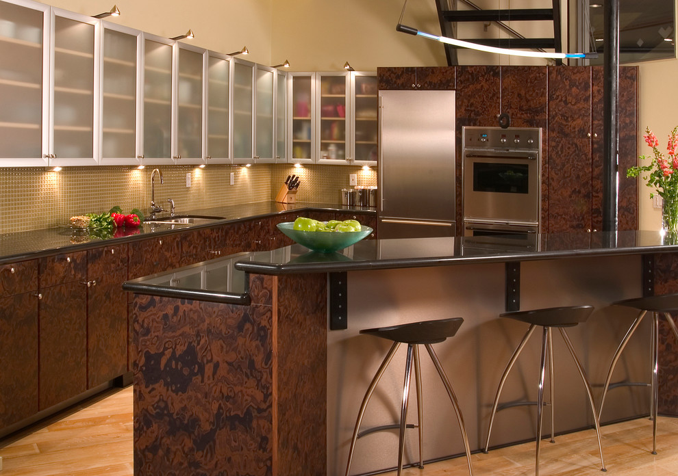 Cette photo montre une cuisine moderne avec un électroménager en acier inoxydable.