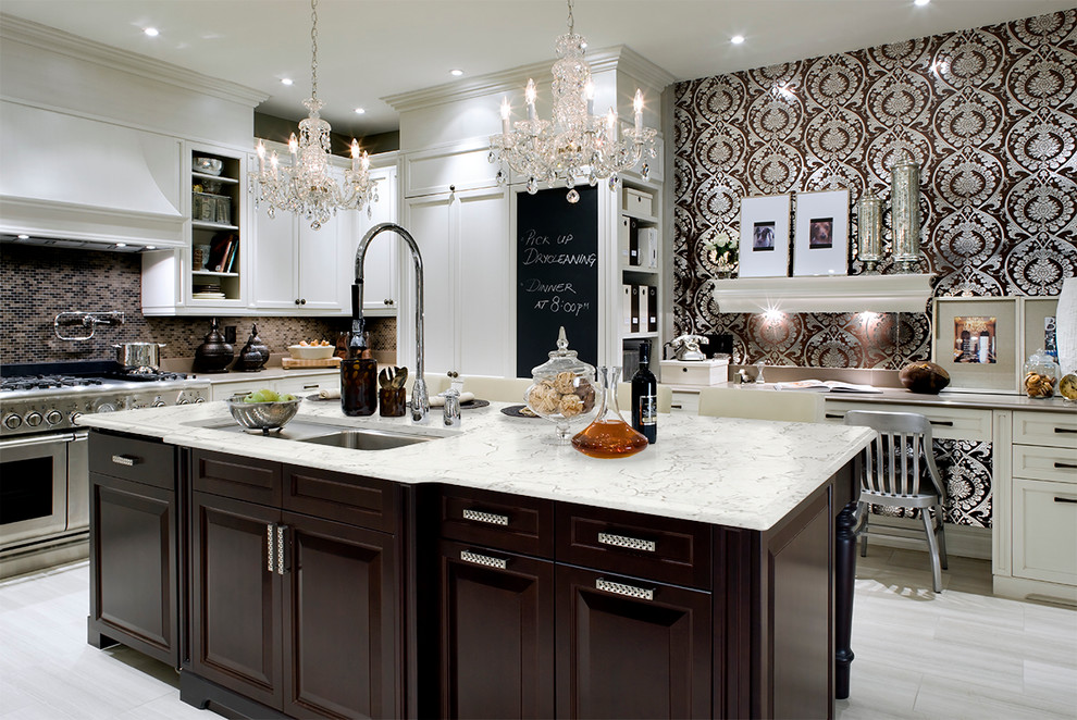 Inspiration for a large eclectic single-wall eat-in kitchen remodel in Other with a single-bowl sink, dark wood cabinets, quartz countertops, multicolored backsplash, stainless steel appliances and an island