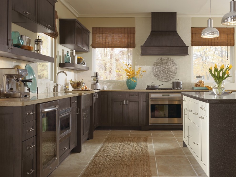 Example of a transitional l-shaped eat-in kitchen design in Other with shaker cabinets, gray cabinets and stainless steel appliances
