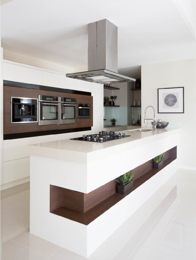 Zweizeilige Moderne Küche mit Unterbauwaschbecken, Quarzwerkstein-Arbeitsplatte, Küchengeräten aus Edelstahl, Porzellan-Bodenfliesen und Kücheninsel in Sydney