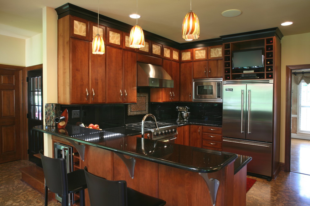 Example of a mid-sized trendy u-shaped cork floor eat-in kitchen design in Charlotte with a double-bowl sink, flat-panel cabinets, medium tone wood cabinets, granite countertops, black backsplash, glass sheet backsplash, stainless steel appliances and an island