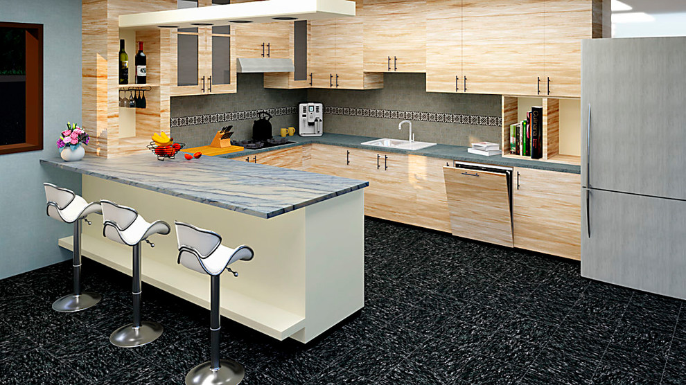 他の地域にある中くらいなモダンスタイルのおしゃれなキッチン (シングルシンク、フラットパネル扉のキャビネット、淡色木目調キャビネット、御影石カウンター、ベージュキッチンパネル、石タイルのキッチンパネル、パネルと同色の調理設備、セラミックタイルの床、黒い床、青いキッチンカウンター) の写真