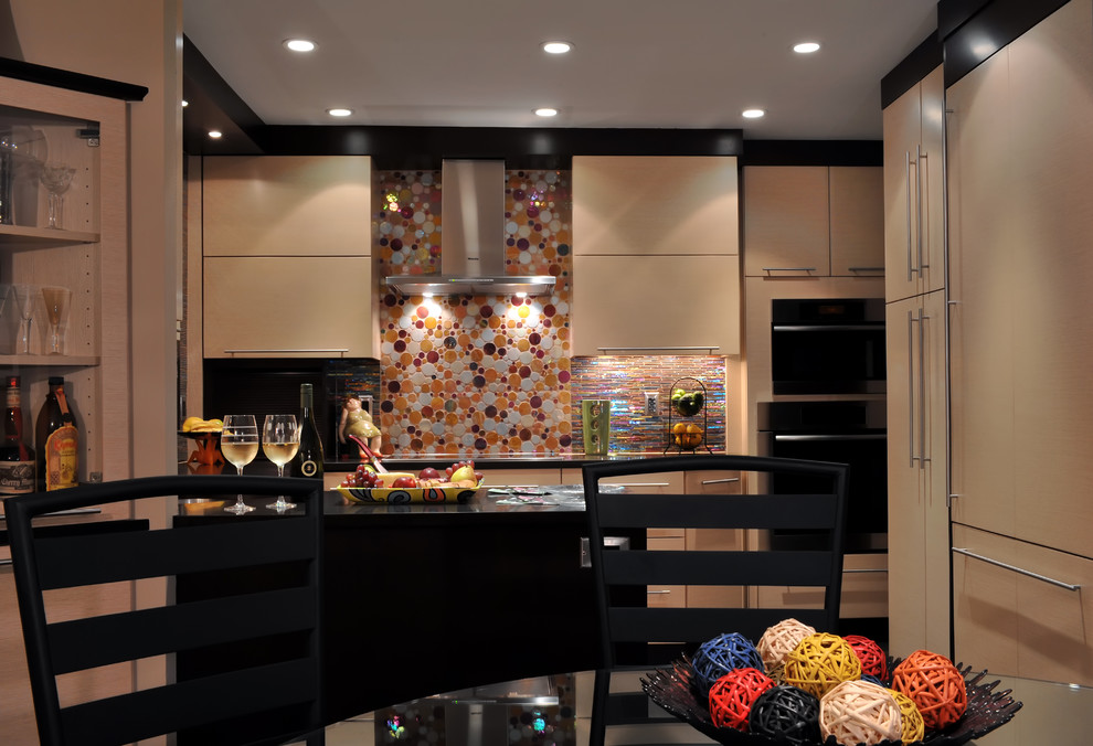 Inspiration for a contemporary eat-in kitchen remodel in New York with mosaic tile backsplash, flat-panel cabinets, beige cabinets and multicolored backsplash
