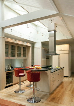 Exempel på ett modernt kök, med luckor med glaspanel, skåp i ljust trä och rostfria vitvaror