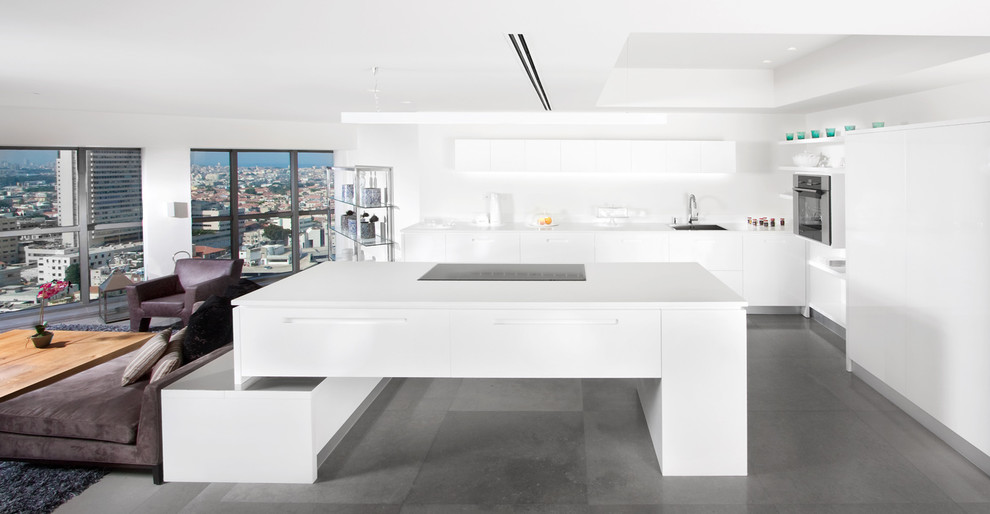 Inspiration for a modern open concept kitchen remodel in Other with flat-panel cabinets and white cabinets