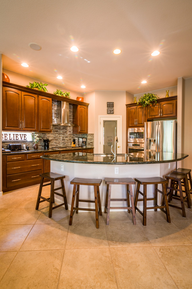 Mid-sized minimalist u-shaped ceramic tile and beige floor open concept kitchen photo in Sacramento with a double-bowl sink, raised-panel cabinets, medium tone wood cabinets, granite countertops, multicolored backsplash, matchstick tile backsplash, stainless steel appliances and a peninsula