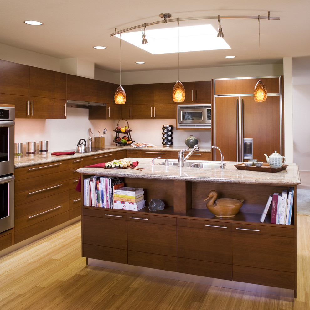 Example of a zen kitchen design in San Francisco with flat-panel cabinets, medium tone wood cabinets and paneled appliances
