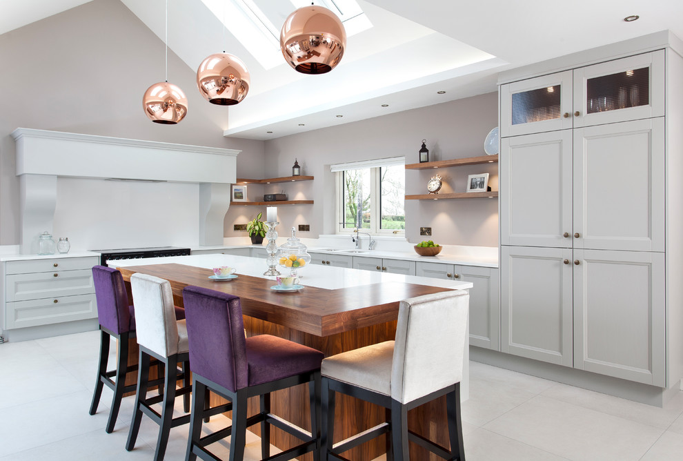 Design ideas for a traditional l-shaped kitchen in Other with a double-bowl sink, recessed-panel cabinets, grey cabinets, white splashback, an island, white floors and white worktops.