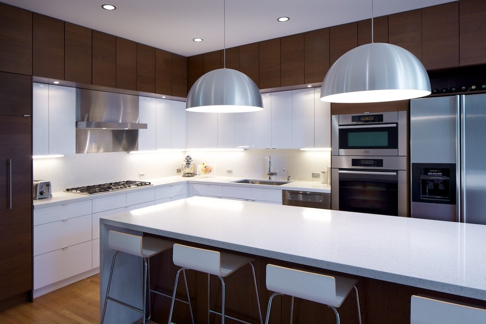 Minimalist l-shaped kitchen photo in Other with stainless steel appliances, quartz countertops, flat-panel cabinets and white cabinets