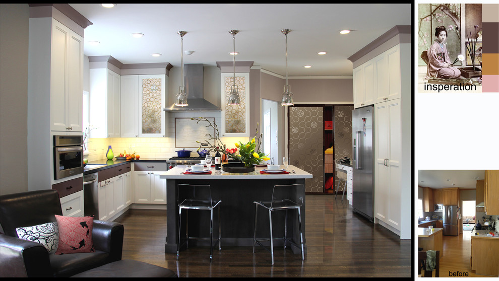 Example of a large asian l-shaped dark wood floor eat-in kitchen design in San Francisco with an undermount sink, shaker cabinets, white cabinets, quartzite countertops, white backsplash, ceramic backsplash, stainless steel appliances and an island