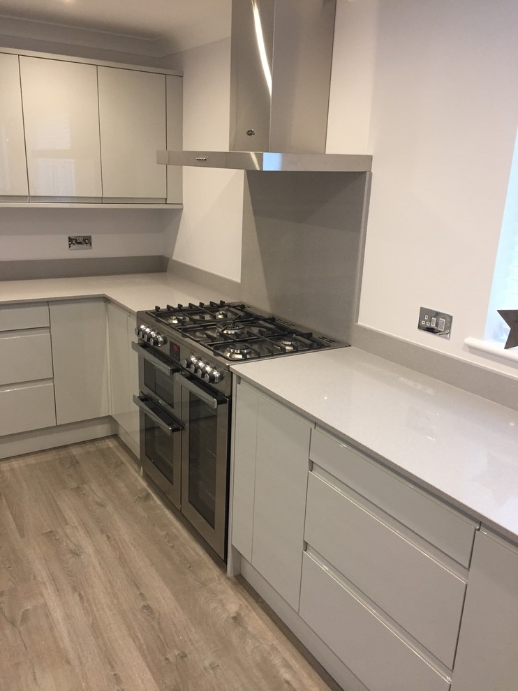 This is an example of a large modern l-shaped kitchen/diner in Other with a built-in sink, flat-panel cabinets, grey cabinets, quartz worktops, grey splashback, stainless steel appliances, vinyl flooring, no island and grey floors.