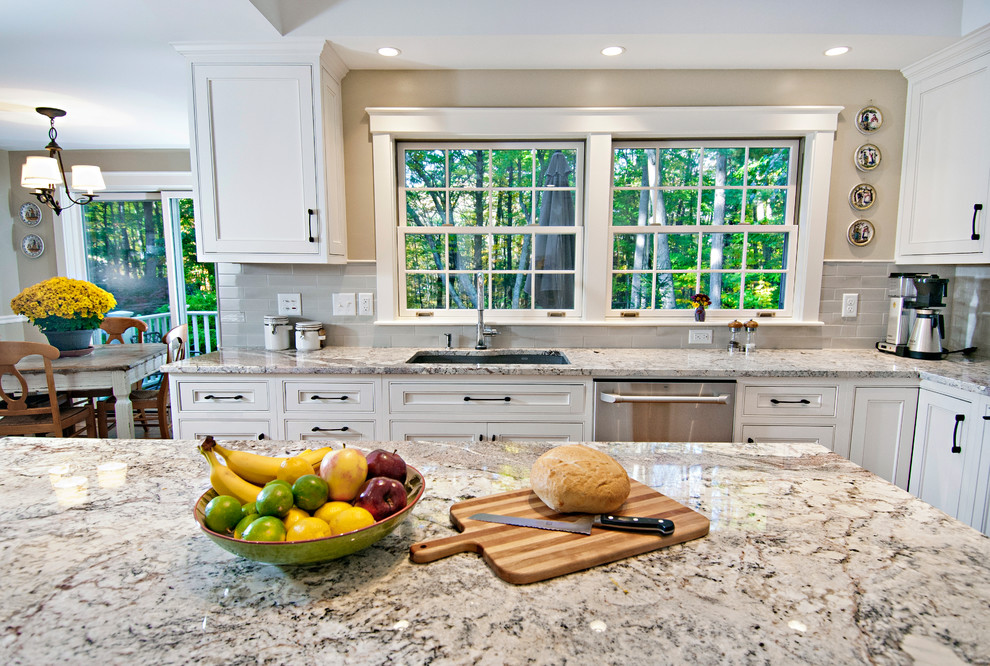 Wooded View Transitional Kitchen, Granite Countertops Portland Maine