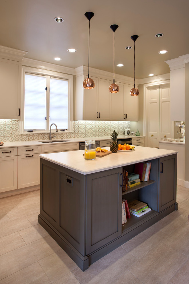 Inspiration for a large modern single-wall porcelain tile and beige floor eat-in kitchen remodel in Houston with an undermount sink, recessed-panel cabinets, white cabinets, multicolored backsplash, ceramic backsplash, stainless steel appliances and an island