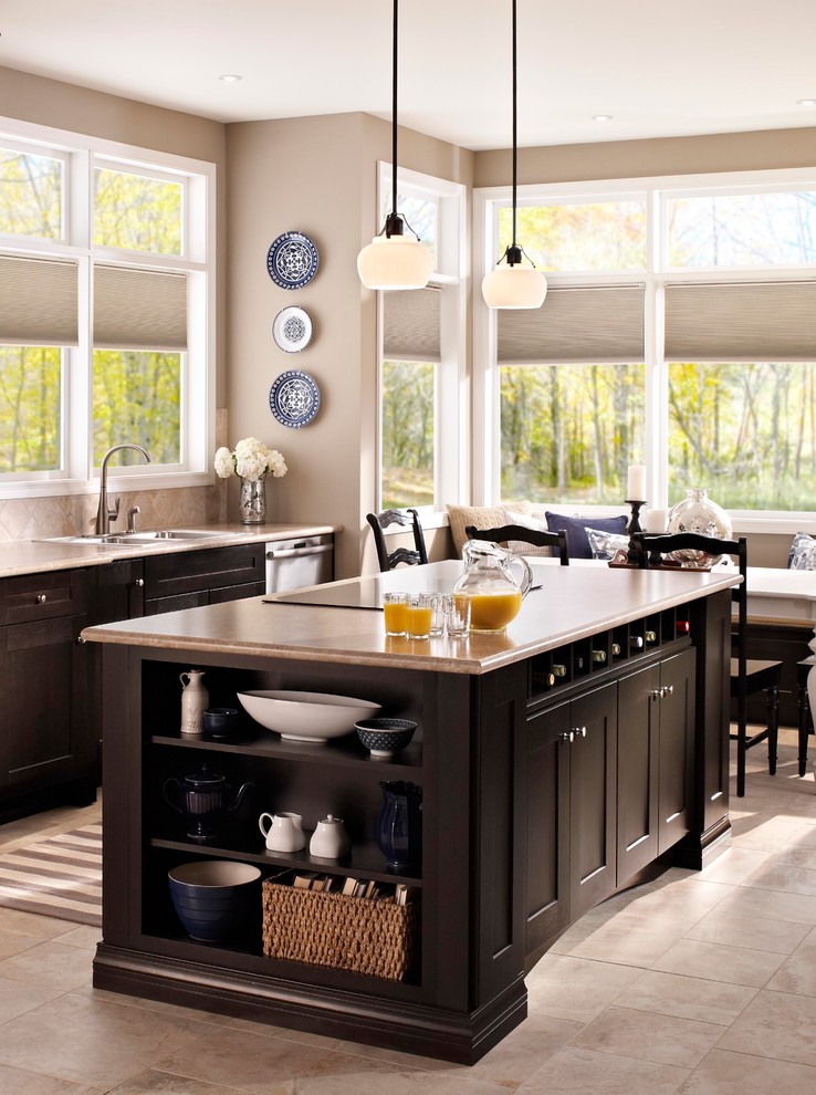 Inspiration for a mid-sized timeless galley ceramic tile open concept kitchen remodel in New York with a drop-in sink, beaded inset cabinets, medium tone wood cabinets, granite countertops, beige backsplash, cement tile backsplash, colored appliances and an island