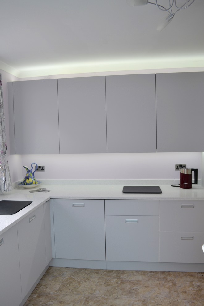 This is an example of a contemporary kitchen in Oxfordshire with quartz worktops.