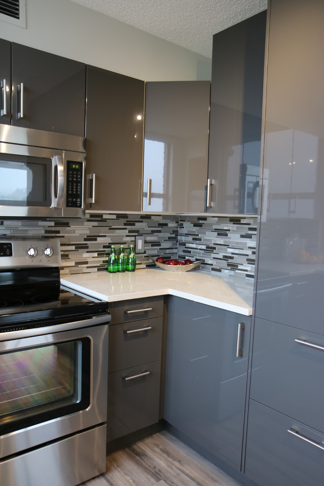 Foto på ett mellanstort funkis kök, med en undermonterad diskho, släta luckor, grå skåp, bänkskiva i kvarts, vitt stänkskydd, stänkskydd i glaskakel, rostfria vitvaror och ljust trägolv