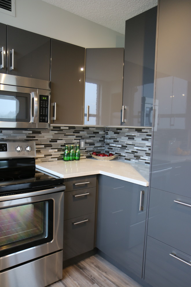 Example of a mid-sized trendy u-shaped light wood floor kitchen pantry design in Calgary with an undermount sink, flat-panel cabinets, gray cabinets, quartz countertops, white backsplash, glass tile backsplash, stainless steel appliances and no island