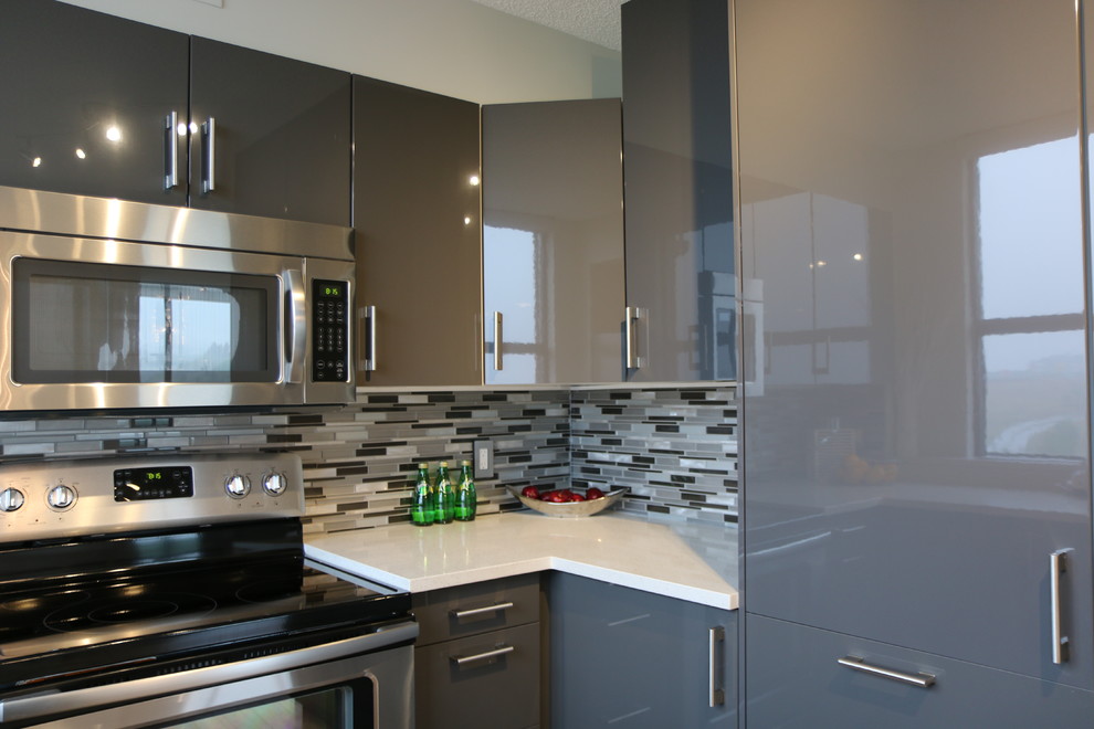 Mid-sized trendy u-shaped light wood floor kitchen photo in Calgary with an undermount sink, flat-panel cabinets, gray cabinets, quartzite countertops, gray backsplash, glass tile backsplash and stainless steel appliances
