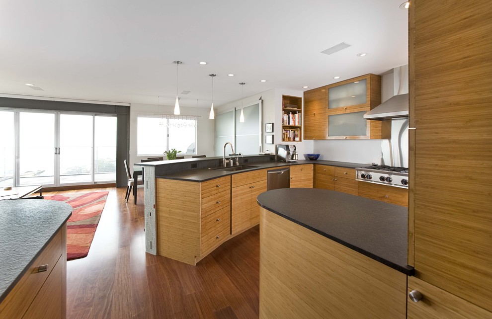 Diseño de cocina actual abierta con electrodomésticos de acero inoxidable y suelo de madera en tonos medios