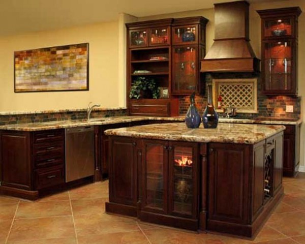 Example of a mid-sized arts and crafts l-shaped ceramic tile open concept kitchen design in Other with a drop-in sink, glass-front cabinets, dark wood cabinets and an island
