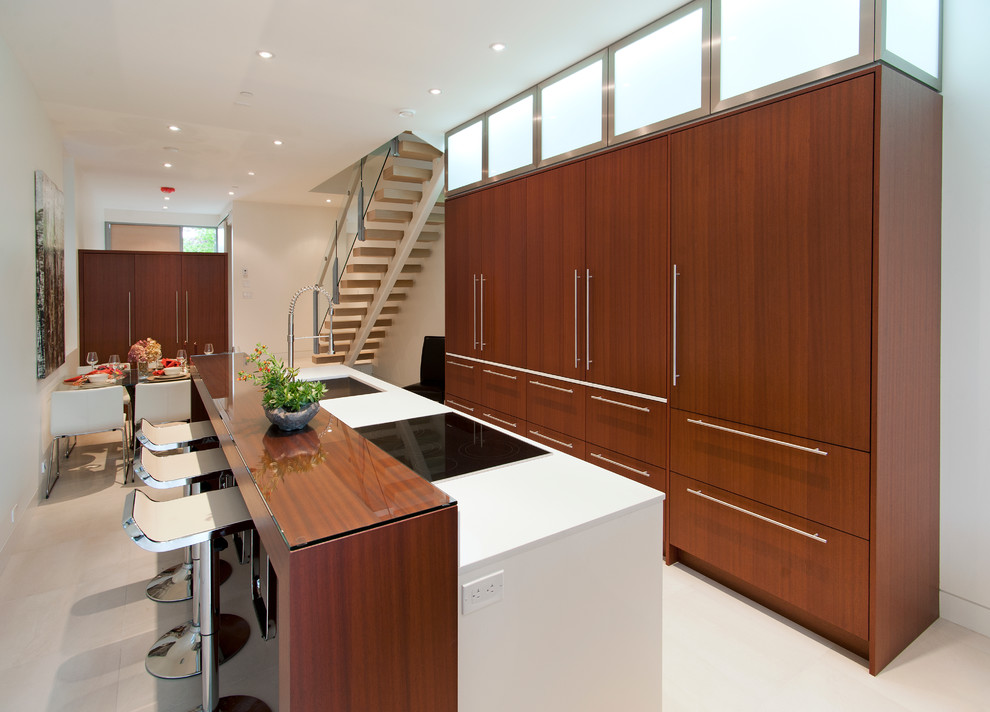 Eat-in kitchen - contemporary single-wall eat-in kitchen idea in Vancouver with an undermount sink, flat-panel cabinets and paneled appliances